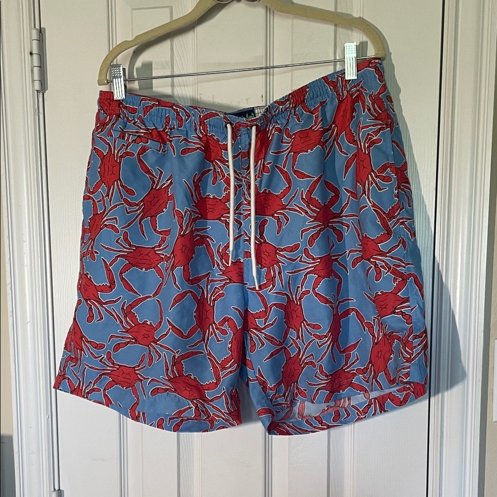 Charleston threads crab print swim shorts, blue and red, size xxl, with liner